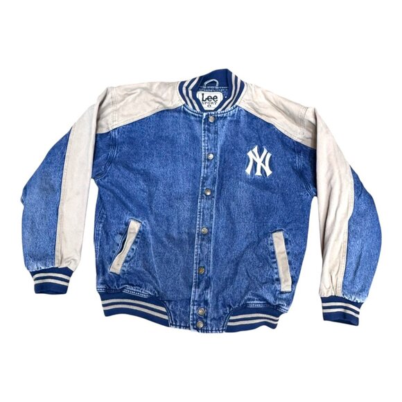 Lee Sport Yankees Denim Jean Varsity Jacket L Blue MLB Baseball World Series Vtg - Picture 2 of 8